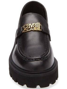 Cavalli Class Black Leather Chunky Loafers with Gold Logo Hardware